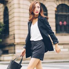 Black And White Striped Blazer Womens Autumn Ladies Black And White Vertical Striped Blazer And Shorts Set Women Blazer Suit Jacket Short Striped Blazer Outfit Blazer And Shorts Black Blazer Outfit