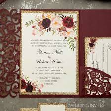 Laser cut wedding invitation with floral lace border. Burgundy Laser Cut Pocket Fold And Burgundy Floral Wedding Invitations With Glittery Belly Band Ewws267