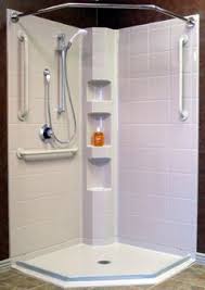 This Is A Multi Piece Shower In White With A Built In Soap Tower And Neo Angle Curtain Rod Low Threshold For Shower Stall Corner Shower Bathroom Shower Panels