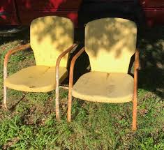 Just in case you thought my chair addiction only involved paint and fabric, here is some of the proof that it goes far beyond that. 2 Vintage Metal Lawn Chairs Yellow Barn Finds From Fredericksburg Plus Walking Cane Collection And Part Of The Kutzer Estate Texasbid