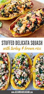 Delicata Squash Stuffed With Turkey And Brown Rice Recipe Recipes Dinner Recipes Asian Dinner Recipes