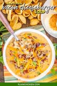 Warm up after a long day with this easy and delicious crockpot cheeseburger soup, made with plenty of real food ingredients. Slow Cooker Bacon Cheeseburger Soup Plain Chicken