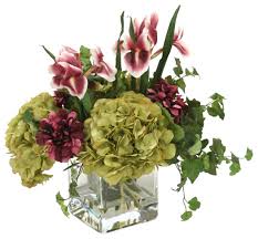 It comes with a stylish vase with a square base for stability. Waterlook Plum Zinnias And Irises Green Hydrangeas In Square Glass Vase Traditional Artificial Flower Arrangements By Distinctive Designs Houzz