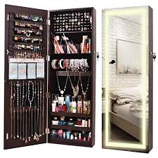 Aoou Jewelry Organizer Hanging Wall Mounted Jewelry Armoire Full Length Mirror Led Lock Door Jewelry Cabinet With Best Intelligent Switch Large Storage Capacity 3 Changeable Led Lights Colors Brown Wantitall