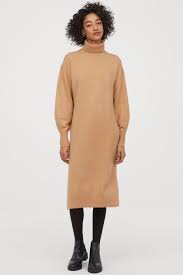 Vyazanoe Plate S Vorotom - Bezheviy - Zhenshchini Hm Ru Knitted Polo Neck Dress Turtle Neck Dress Sweater Dress Midi