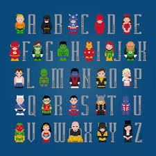 6 3/8 inches by 2 7/8 inches 18 count: Superhero Alphabet 3 Cross Stitch Pattern
