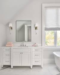 Get up to $100 in rewards! Thin Black Frame Mirror With White Washstand Transitional Bathroom