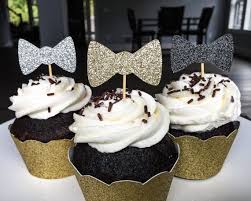 Black And Gold Cupcake Toppers Gold Bows Black Bowties Chocolate Vanilla Cupcakes With White Frosting Baby Shower Cupcake Toppers Bow Cupcakes Bachelorette Party Food