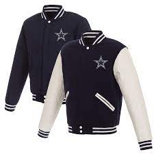 Dallas Cowboys Jh Design Reversible Fleece Jacket With Faux Leather Sleeves Navy White