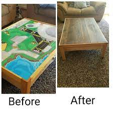 This coffee table layout includes backgrounds of mountains and buildings. Repurposed Train Table Kids Train Table Train Table Upcycled Projects