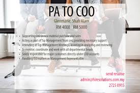 Employee development is fostered through a collaborative, intellectually. Hire Solutions Sdn Bhd Pa To Coo Rm 4000 Rm 5000 Chinese Speaker Requirement Degree Or Diploma In Any Discipline Or Equivalent Qualification At Least 3 Years Of