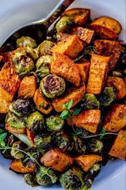Healthy Roasted Sweet Potatoes And Brussels Sprouts Sprout Recipes Roasted Sweet Potatoes Brussels Sprouts Recipe