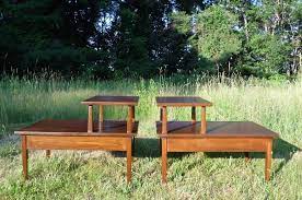The first pair is made of solid wood and has parquet tops and slatted bases: Pair Vintage Mid Century Modern Step End Tables Two Tier Nightstands 1960 S Mcm Mid Century Modern Furniture Vintage Mid Century Mid Century Modern