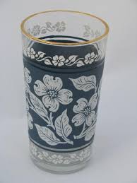 blue and white dogwoods floral glasses w/ rack, vintage Hazel Ware in box