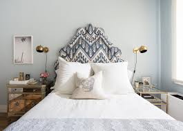 Cortney bishop eclectic bedroom with mismatched nightstands and twin bedside lamps [design: Blue Bedroom With Mismatched Nightstands Transitional Bedroom