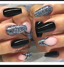 Coffin Acrylic Nails Black And Glitter Black And Glitter Coffin Cute Party Nails Nail Designs Trendy Nails Fashion Nails