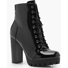 Nell gold glitter platform chelsea ankle boots with chunky block heels for women featuring a sequined tongue and heel. Boohoo Emma Cleated Patent Lace Up Hiker Boot 44 Liked On Polyvore Featuring Shoes Boots Twisted Boots Flora Lace Up Heel Boots Lace Boots Floral Boots