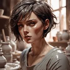 a beautiful brunette woman with short hair doing ceramic clay, soft  lighting, sharp focus, by Marc Simonetti & Yoji Shinkawa & WLOP, paint...
