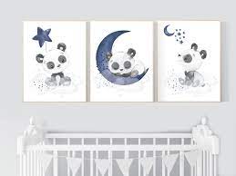 Navy Nursery Decor Panda Nursery Moon And Stars Navy Blue Etsy Navy Nursery Decor Baby Room Wall Art Panda Nursery