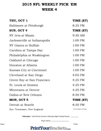 Pickwatch tracks nfl expert picks and millions of fan picks for free to tell you who the most accurate handicappers in 2020 are at espn, cbs, fox and many more are, straight up and against the spread. Fillable Online 2015 2015nfl Weekly Pick Em Nfl Weekly Pickem Week 4 Week 4 Thu Oct 1 Time Et Baltimore At Pittsburgh 8 25 Pm Sun Oct 4 Time Et Ny Jets At