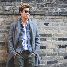 Men S Grey Overcoat Blue Denim Jacket Light Blue Vertical Striped Long Sleeve Shirt Olive Cargo Pants Grey Overcoat Blue Shirt Men Men S Grey Overcoat