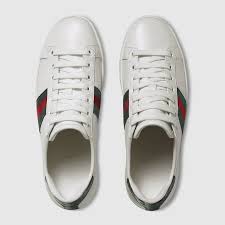 Womens White Leather Ace Sneaker With Green Red Web