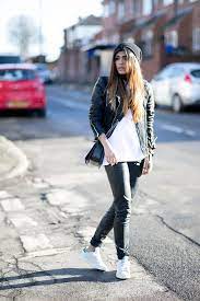Women S Black Leather Biker Jacket White Crew Neck T Shirt Black Leather Skinny Pants White Athletic Shoes Black Leather Biker Jacket Womens Winter Fashion Outfits Black Leather Motorcycle Jacket