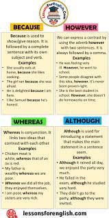 How To Use Although Because Whereas And However Definition And Example Sentences Although Although Is Used For I English Phrases English Words Learn English