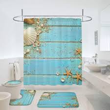 Continue to 9 of 15 below. Amazon Com Mitovilla Coastal Beach Shower Curtain Set For Summer Ocean Themed Bathroom Decor Seashell And Starfish On Aqua Wooden Borad Bathroom Sets With Shower Curtain And Bath Mats Rugs And Toilet Lid