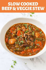 This Beef And Vegetable Stew Is An Easy And Healthy Winter Dinner The Stew Is Slow Cooked In The Oven A Vegetable Stew Slow Cooked Beef Vegetable Stew Recipe
