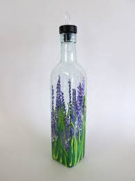 Hand Painted Olive Oil Bottle Or Soap Dispenser Field Of Lavender On Etsy 20 00 Glass Bottle Crafts Glass Bottles Art Hand Painted Bottles