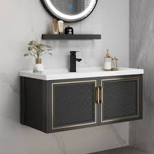 Bathroom wall cabinets with mirror. Black Wall Hung Bathroom Vanity Cabinet With Top 27 9 35 8 39 7 Ceramic Drop In Sink Gold Pull Bathroom Vanities Bath Faucets
