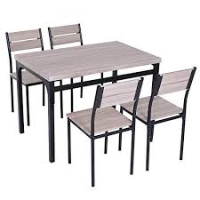 Dark Wooden Grain 5 Pcs Dining Set 1 Table 4 Comfortable High Back Armless Chairs Black Steel Frame Construction Br Wooden Dining Set Kitchen Bar Cool Kitchens