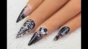 Matte black acrylic nails w/ gold rhinestones | uñas. Acrylic Nails Black Nude With Glitter Nail Design Notpolish Youtube