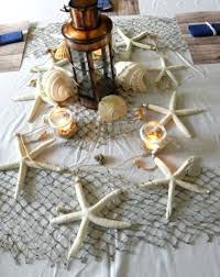 Stretch a (fishing) net across the tablecloth, sea shells and starfish symbolize the sea and beach. Nautical Fish Net On Table Candle Centerpieces Beach Table Beach Themed Party