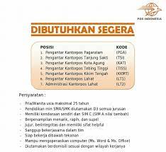 Damas cipta mandiriposisi driverpersyaratan :pria, sim b1 umumwni (warga negara republik indonesia)sehat jasmani. Lowongan Kerja Karyawan Bumn Pt Pos Indonesia Kantor Pos Lahat Tingkat Sma Smk Diploma D3 Posisi Pengantar Dan Administrasi Deadline 10 Pebruari 2017 Lowongan Kerja