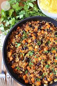 Chorizo Sweet Potato And Black Bean Rice Skillet Iowa Girl Eats Recipe Chorizo Recipes Sweet Potato Skillet Recipes
