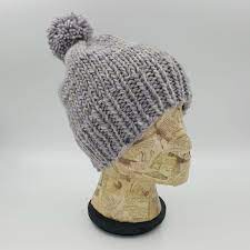 Fitted Beanie Pom Pom Beanie Hand Knit Hat Light Grey Etsy Hand Knit Hat Knitted Hats Hand Knitting