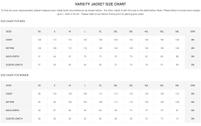 varsity jacket size chart clothoo