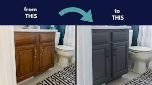 Fill in any imperfections with wood putty, then sand. Chalk Paint Cabinets Cheap Bathroom Renovation Youtube