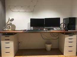 Does Ikea Karlby And Gerton Sag Without Middle Leg With Dual Monitor Mount Pc Computers Gaming Desk Desk With Keyboard Tray Ikea Desk