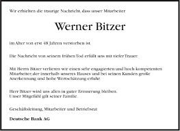 Selbstständige finanzberaterin für die deutsche bank. Traueranzeigen Von Werner Bitzer Stuttgart Gedenkt De
