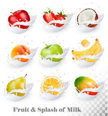 Big Collection Of Fruit In A Milk Splash Apple Mango Banana Peach Pear Orange Coconut Strawberry Vector Set 1 Fruit Splash Vector Food Milk Splash