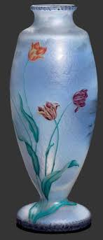 Daum Nancy Vase Circa 1900 Etched And Enamelled Light Blue Glass The Front Decorated With A Windmill In Schwarzlot Painting Tulip Decor Glass Art Daum Nancy