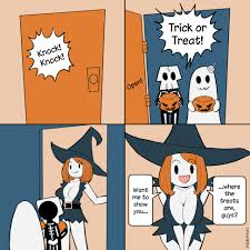 Rule 34 Dev - age_difference bent_over big_breasts blackcat18up breasts  cleavage comic female halloween halloween_costume mob_face size_difference  smiling text text_bubble trick_or_treat|7125802