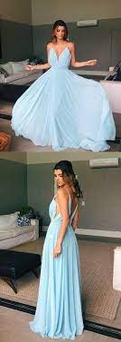 V Neck Sweep Train Light Blue Chiffon Prom Dress F0609 In 2021 Prom Dresses Blue Prom Dresses Prom Dresses For Teens
