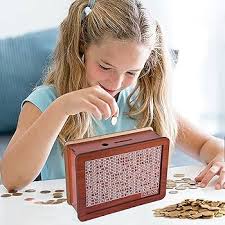 byykit Cash Vault Wooden Saving Box, Coin Bank for Boys and Girls, Wooden Cash Box with Counter, Coin Counter Adult Bank, Money Box with Currency