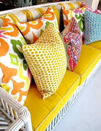 White Cane Bamboo Lounge Seat Chair With Yellow Seat Cushions With Piping Colourful Throw Cushions Colorful Couch Pillows Colorful Pillows