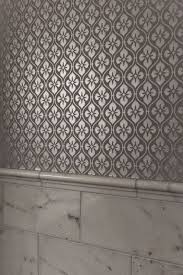 Wallpaper under chair rail gallery. Stunning Bathroom With Metallic Silver Retro Wallpaper Over A White Marble Subway Tiled Hal Silver Wallpaper Bathroom Bathroom Wallpaper Silver Retro Wallpaper