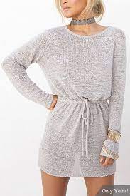 Grey Open Back Drawstring Waist Knit Mini Dress Casual Knit Dress Grey Knit Dress Long Sleeve Backless Dress